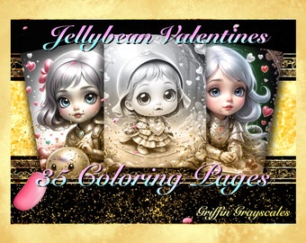 May include: A digital coloring book with three images of cute, cartoon girls with large eyes and white hair. The book is titled "Jellybean Valentines" and features 35 coloring pages. The text "Griffin Grayscales" is at the bottom of the image.