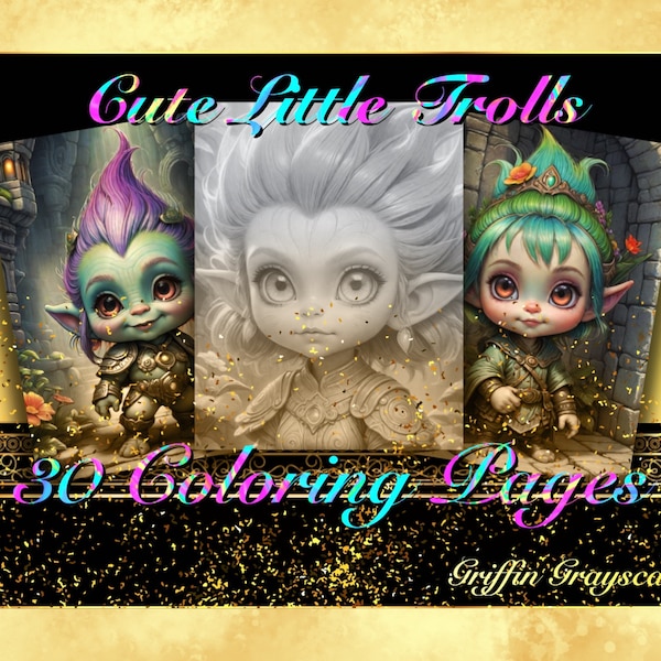 Coloring Pages for Adults, Grayscale Coloring Book, grayscale pages, Coloring Book, Digital Coloring Grayscales, Cute Little Trolls