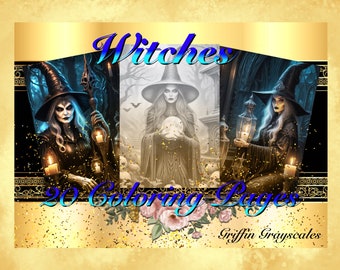 May include: A digital download of 20 coloring pages featuring three witches in various poses. The witches are wearing black dresses and hats, and they are holding candles and other magical objects. The background is a dark forest with a spooky castle in the distance. The text "Witches 20 Coloring Pages Griffin Grayscales" is at the bottom of the image.