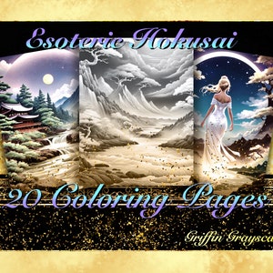 Puede incluir: Una portada de libro con el título "Esoteric Hokusai" y el texto "20 Coloring Pages" en fuente morada. La portada presenta tres imágenes: un paisaje japonés con una cascada, una cordillera con un pico nevado y una mujer con un vestido blanco caminando hacia una luna.