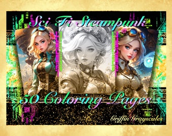 Páginas para colorear para adultos, Libro para colorear en escala de grises, páginas en escala de grises, Libro para colorear, Escalas de grises para colorear digitales, Steampunk de ciencia ficción