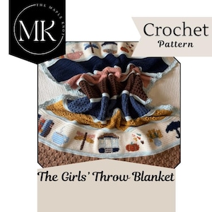 May include: A crochet throw blanket featuring a cream-colored border with colorful motifs including a house, pumpkin, umbrella, and mug. The center displays horizontal stripes in navy blue, brown, pink, and mustard yellow with a textured stitch.