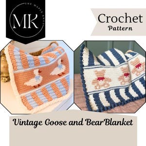 以下が含まれることがあります： ガチョウとクマが特徴のヴィンテージブランケットの編み物パターン。 ブランケットは、ピーチとブルーのストライプのデザインで、白いガチョウとテディベアが特徴です。「Crochet Pattern」と「Vintage Goose and Bear Blanket」の文字も表示されています。