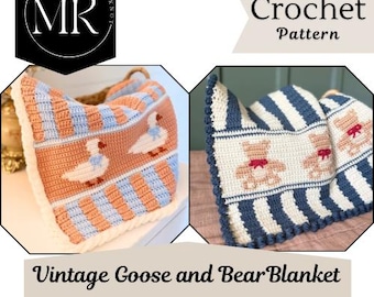 Crochet Vintage Goose and Bear Blanket Pattern, Baby Blanket (PDF Instant Download)