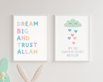 Muslim Kids Bedroom Wall Art | Modern Islamic Home Decor | Childrens Playroom Wall Hanging | Happy Colourful Prints | Islamic Nursery Gift