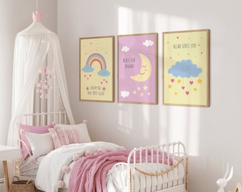 Muslim Girls Wall Art | Kids Islamic Art Prints | Childrens Islamic Wall Decor | Pink and Yellow Printable | Islamic Digital Art for Kids