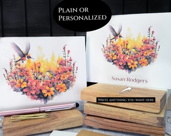 Hummingbird Flowers notecards with envelopes, folded note cards, stationery blank inside, personalized with name, plants nature garden D108