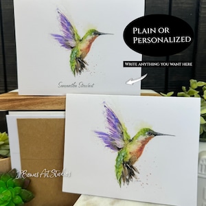 Watercolor hummingbird notecards with envelopes, folded note cards, blank inside, personalized note cards, J Bonus Watercolor Art D118