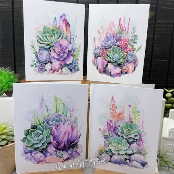 Succulents and Gemstones assorted notecards with envelopes, variety folded note cards, stationery blank inside, quartz healing  D270
