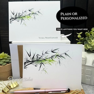 Bamboo notecards with envelopes, folded note cards, stationery blank inside, personalized with name, Japan nature garden Asia D147