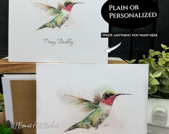 Watercolor hummingbird notecards with envelopes, folded note cards, blank inside, personalized with name, J Bonus Watercolor Art D157