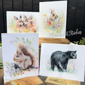 Wildflower Woodland Animal set of Notecards with Envelopes Original Watercolor Handmade Note Card Bear Deer Rabbit Fawn Squirrel, kids -J116