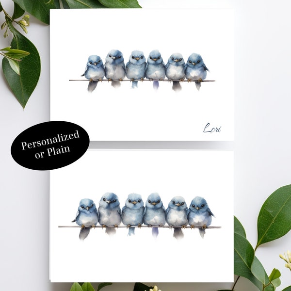 Bluebirds in a row notecards with envelopes, folded note cards with name, blank inside, personalized, stationery, baby bird, kids D206
