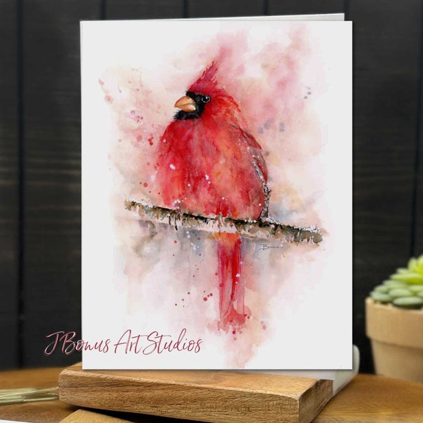 Cardinal set of Notecards with Envelopes Original Watercolor Art Designs Handmade Note Card Winter Male Red Bird Memorial -J143