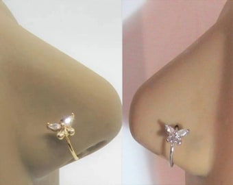 20G Nose Ring Nose Hoop Clear CZ Diamond Crystal Butterfly Nose Ring 20 gauge Nose Jewelry Nostril Ring 8mm nose ring