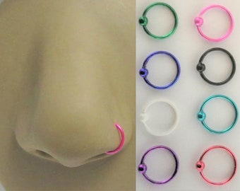 White Blue Red Pink Aqua Green Purple Black Titanium Nose Hoop Ring Nostril Hoop Ring Seamless Hoop 22G 7mm Diameter 22 Gauge Pin