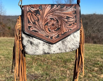 Western Tooled Leather & Cowhide Crossbody Bag from Rebranded Ranch