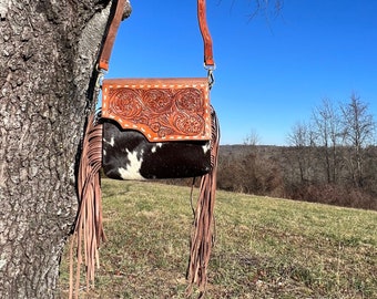 Buckstitch Tooled Leather & Cowhide Crossbody Bag from Rebranded Ranch