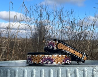 Rebranded Ranch Sunflower Diamond Buckstitch Heavy Duty Western Tooled Genuine Leather Padded Dog Collar