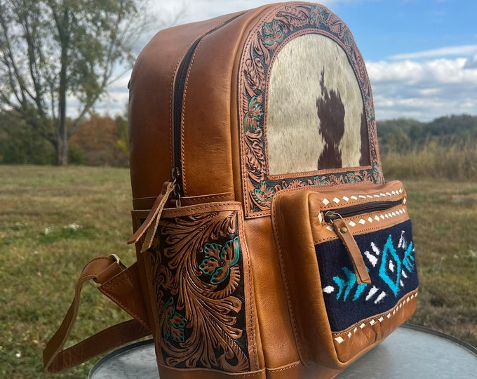 The Rustic Azteca Full Size Tooled Leather & Cowhide Backpack a ...