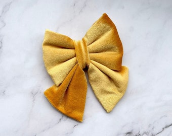Yellow Velvet Sailor Bow For Dogs & Cats, Luxurious Pet Bowtie With Elastic For Collar, Wedding Summer Spring Easter Bow, Puppy Mustard Bow