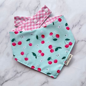 May include: A reversible dog bandana with a cherry print on one side and a pink and white gingham pattern on the other side. The bandana has a snap closure and a small tag that says "paw's pawya".