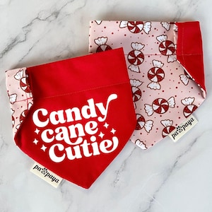 Candy Cane Cutie Funny Christmas Over The Collar Dog Cat Bandana, Xmas Peppermint Sweets Reversible Pet Scarf, Puppy Holiday Neck Accessory