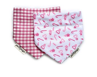 Pink Candy Cane Christmas Reversible Over The Collar Girl Dog And Cat Bandana, Pink And White Gingham Plaid Two Sided Slip On Pet Xmas Scarf