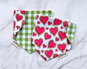 Reversible Watermelon Heart Dog Bandana, Green Gingham Pet Scarf Summer Fruit