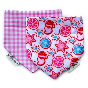 Pink Christmas Cookies And Sweets Reversible Over The Collar Cat Bandana, Girl Dog Pink Gingham Slip On Bandana, Xmas Pet Neck Accessories