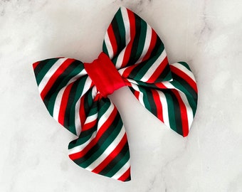 Xmas Peppermint Candy Cane Sailor Bow For Dogs And Cats, Festive Red White Green Stripe Bow For Girl & Boy Dog, Holiday Pet Bowtie Accessory