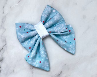 Winter Blue White Snowflakes Sailor Bow For Dogs And Cats, Christmas Holiday Pet Bowtie With Elastic For Collar, Boy And Girl Dog Xmas Bow