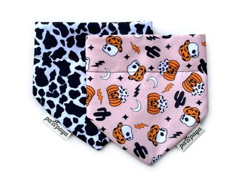 Halloween Western Cowboy Pumpkins And Skulls Over The Collar Dog Bandana, Reversible Cow Pattern Slip On Pet Bandana, Halloween Cat Bandana