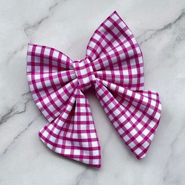 Purple Pink And White Plaid Sailor Bow For Girl Dog And Cat, Over The Collar Pet Bowtie With Elastic, Valentine’s Birthday Everyday Wear Bow