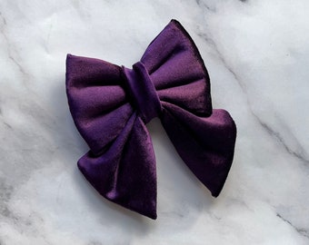 Royal Purple Velvet Sailor Bow For Dogs & Cats, Luxurious Dark Purple Pet Bow Tie With Elastic For Collar, Elegant Bowtie For Boy Girl Dog