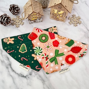 Xmas Candy Canes And Gingerbread Cookies Reversible Over The Collar Dog And Cat Bandana, Christmas Dark Green And Beige Two Sided Pet Scarf