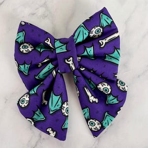 Creepy Eyeball Bats Bones Sailor Bow For Dog Cat, Halloween Purple Blue Spooky Pet BowTie With Elastic, Puppy Neck Accessory Bow For Collar