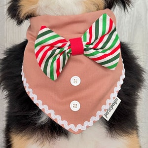 Candy Cane Bow Over The Collar Dog And Cat Bandana, Gingerbread Man Christmas Pet Costume With Bow, Festive Slip On Dog Neckerchief And Bow