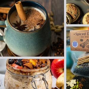 May include: A close-up of a mug filled with chai tea, a bag of chai spice mix, and a jar of overnight oats with fruit and nuts. The chai tea is a light brown color and has a cinnamon stick and star anise floating in it. The chai spice mix is in a clear plastic bag and contains cinnamon sticks, star anise, cloves, and black peppercorns. The overnight oats are in a glass jar and have a layer of oats, fruit, and nuts on top. The image is set on a wooden background.