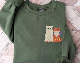 Embroidered Halloween Cats T-shirt, Embroidered Halloween Sweatshirt, Embroidery Cat Shirt For Halloween, Embroidery Ghost Cat Sweatshirt
