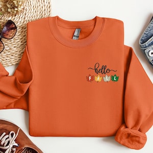 Hello Fall Sweatshirt, Thanksgiving Embroidered Sweatshirt, Hello Fall Embroidered Sweatshirt, Thanksgiving Family Shirt, Pumpkin Shirt