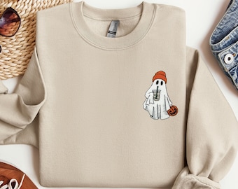 Ghost Embroidered Sweatshirt, Little Ghost Ice Coffee Shirt, Halloween Sweatshirt, Halloween Embroidered Sweatshirt, Ghost Sweatshirt