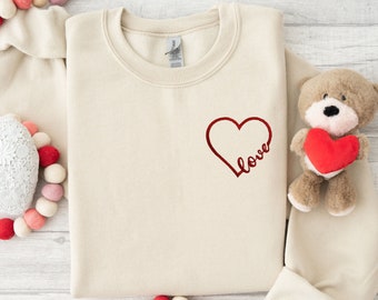 Heart Embroidered Sweatshirt, Valentine's Day Love Embroidered Shirt, Love Valentine's Day Sweatshirt, Valentine's Day Embroidered Shirt