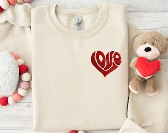 Love Heart Shaped Embroidered Sweatshirt, Valentine's Day Embroidered Sweatshirt, Love Valentine's Day, Valentine's Day Embroidered Shirt