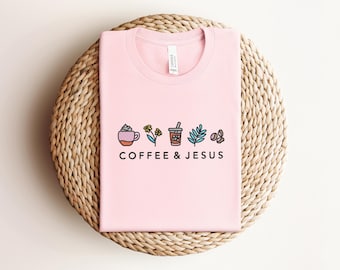 Coffee & Jesus Embroidered Shirt, Easter Embroidered Sweatshirt, Coffee Lover Embroidered Shirt, Christian Embroidered Shirt, Jesus Shirt