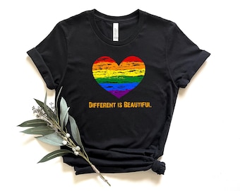Different Is Beautiful Shirt - LGBTQ Rainbow Heart Tee - Gay Pride T-Shirt - Inclusive Empowerment Gift for Pride Month