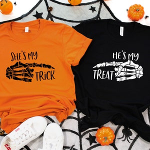 He&#39;s My Trick Shirt, She&#39;s My Treat Shirt, Trick or Treat Shirt, Halloween Couple Matching Shirt, Halloween Sweatshirt,Halloween Couple Gift