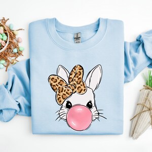 Bunny With Leopard Bun Shirt, Easter Shirt, Easter Bunny Graphic Shirt, Easter Shirts For Women, Ladies Easter Bunny, Bubble Gum Bunny Shirt