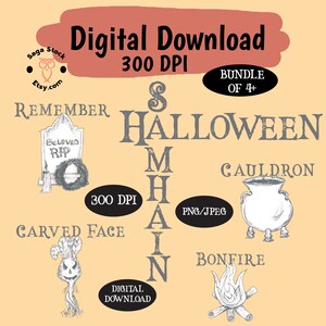 Halloween Samhain PNG JPEG, adesivi stampabili, immagini con download immediato, da utilizzare per articoli di stampa su richiesta, falò e calderone, arte pagana delle streghe