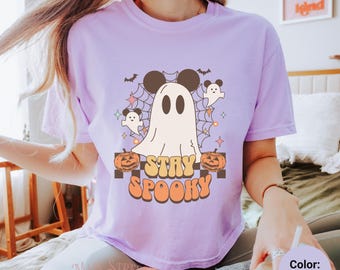 Mickey Halloween Comfort Colors Women&#39;s Boxy Tee, Mickey Stay Spooky Cropped TShirt, MNSSHP Shirt for Her, Pumpkin Ghost, Park Hopper Shirt
